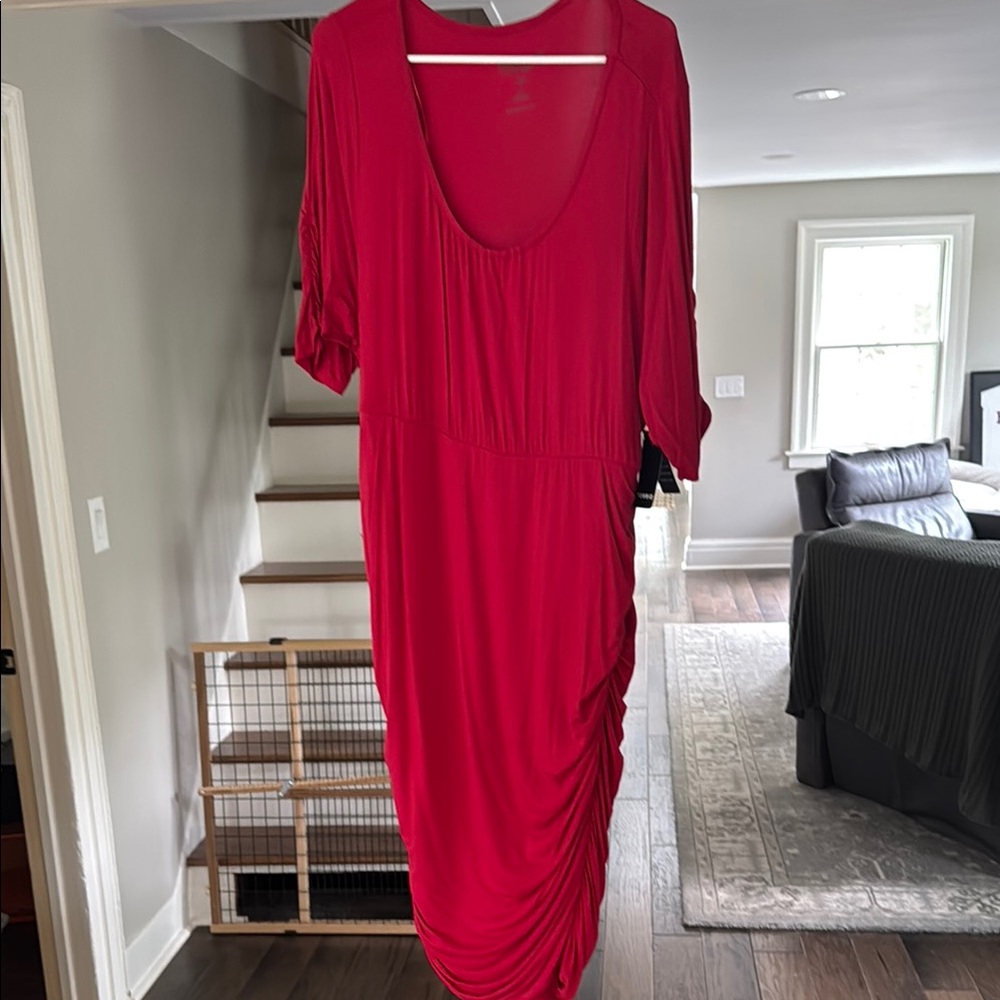 Torrid Red Asymmetrical Ruched Midi Dress